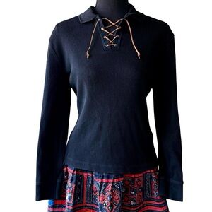 Vintage Ralph Lauren Black Ribbed Sweater+ Leather Accent - Size L Boho Festival